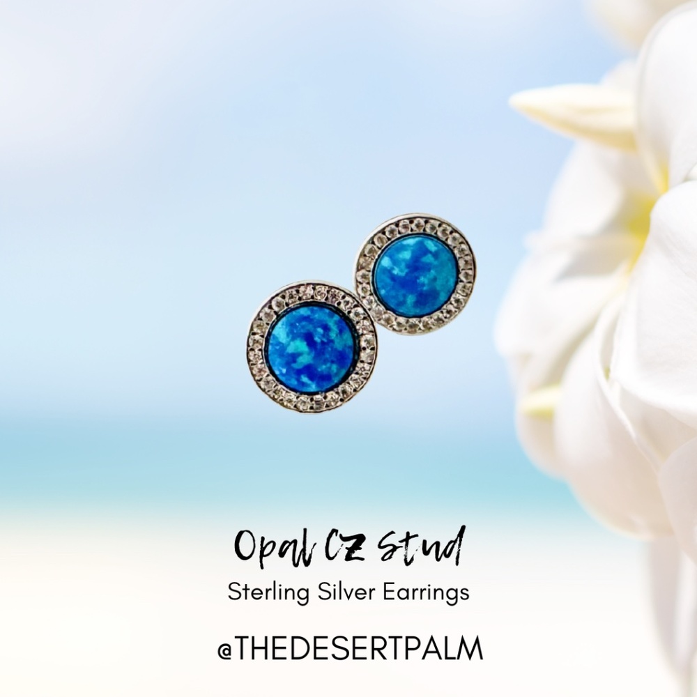 Sterling Silver Blue Opal CZ Stud Earrings | Sparkly Halo Studs